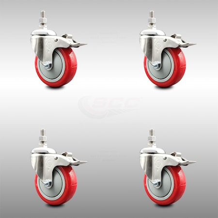 4 Inch 316SS Red Polyurethane Wheel Swivel 10mm Stem Caster Set Lock Brake